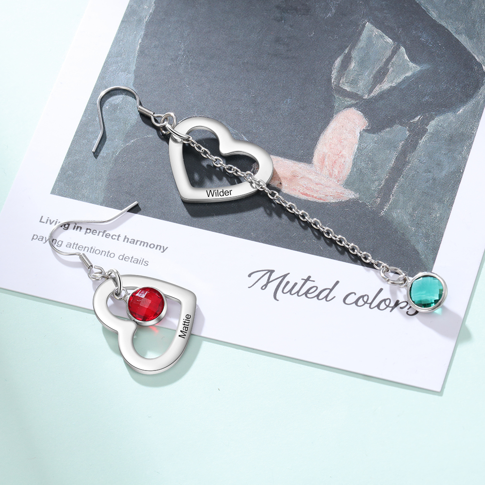 2 Names-Personalized Heart Earrings Custom Names with 2 Birthstones for Women-Lovesyouforever