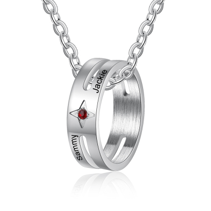 Personalized 2 Name Ring Pendant Necklace with 1 Birthstone for Women-Lovesyouforever