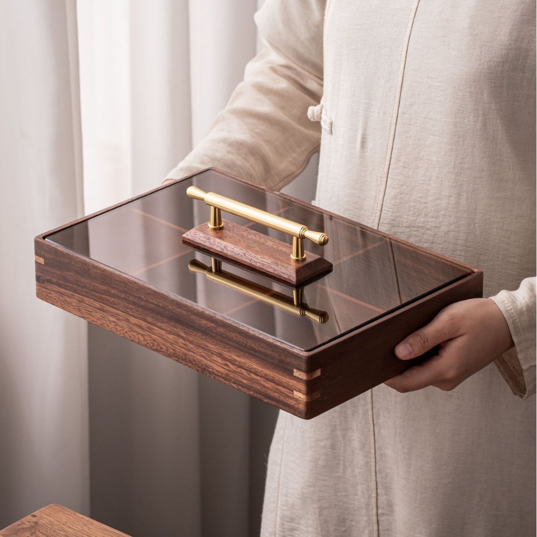 Walnut wood double-layer snack box for home use, living room coffee table, wooden dry fruit box, candy box, snack tray, six-compartment stackable-Lovesyouforever