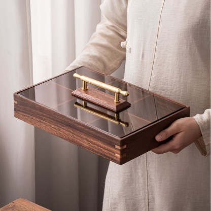 Walnut wood double-layer snack box for home use, living room coffee table, wooden dry fruit box, candy box, snack tray, six-compartment stackable-Lovesyouforever