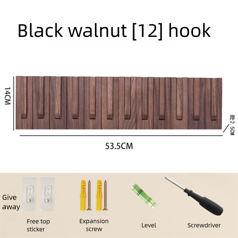 North American black walnut wood coat rack with piano key-style hooks for entryway, bedroom, wall-mounted, no-drill required coat and hat hook-Lovesyouforever