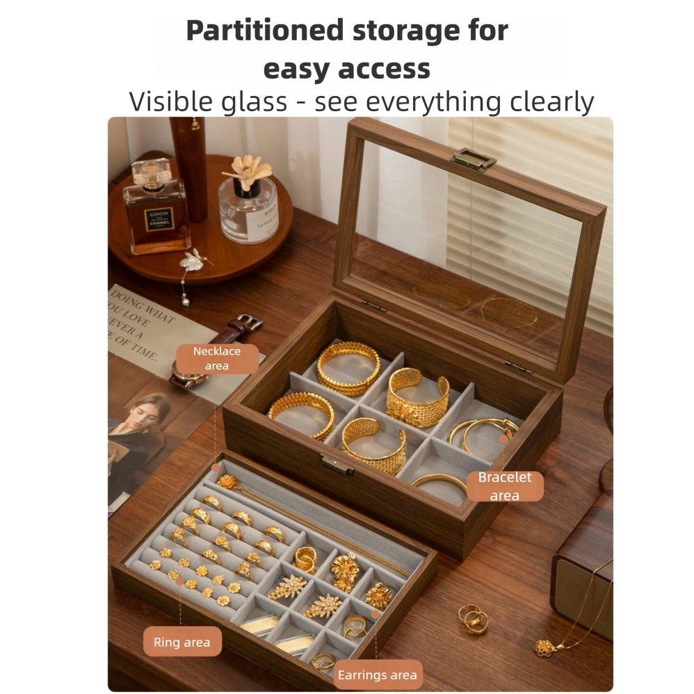 New walnut wood gold jewelry storage box, exquisite counter display prop for rings and necklaces-Lovesyouforever