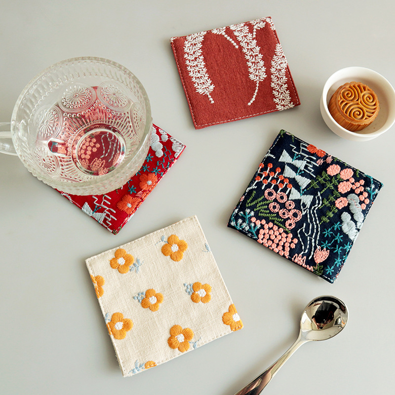 Ins-style embroidered cotton-linen coasters, embroidered fabric coasters, thickened heat-insulating mats, embroidered coffee coasters, tea coasters-Lovesyouforever