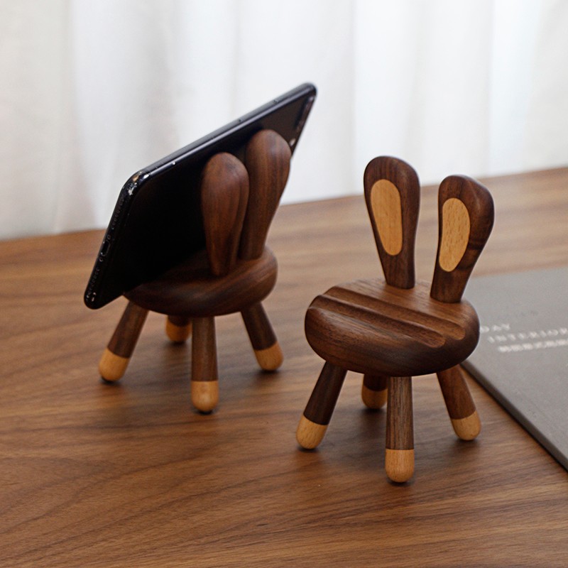 Black walnut wood chair phone stand, creative cute rabbit stool, cartoon live streaming desktop solid wood ornament stand-Lovesyouforever