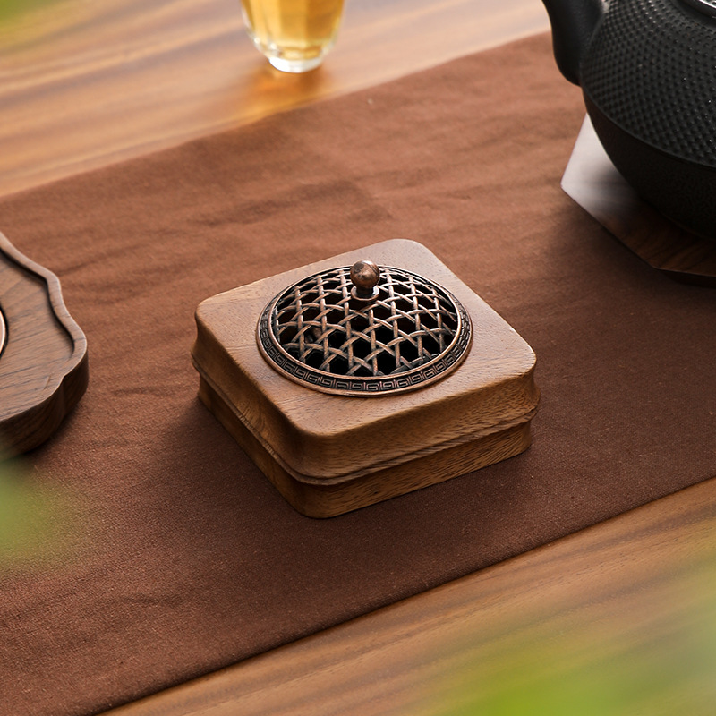 South American walnut wood Chinese-style incense burner for home use in living room and bedroom, solid wood aromatherapy burner, round hollow incense box, incense holder, decorative piece-Lovesyouforever