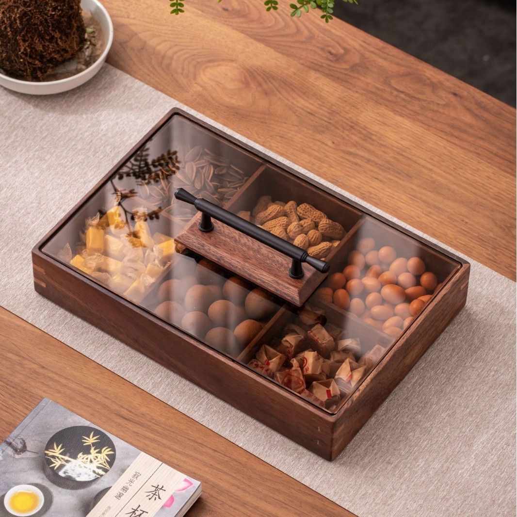 Walnut wood double-layer snack box for home use, living room coffee table, wooden dry fruit box, candy box, snack tray, six-compartment stackable-Lovesyouforever