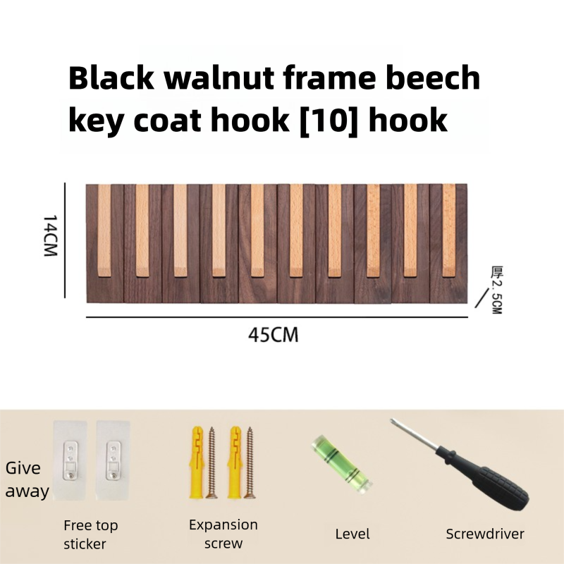 Piano key-style coat rack, key-shaped wall hook for entryway and bedroom, no-drill wall-mounted coat and hat hook, walnut and beech wood-Lovesyouforever