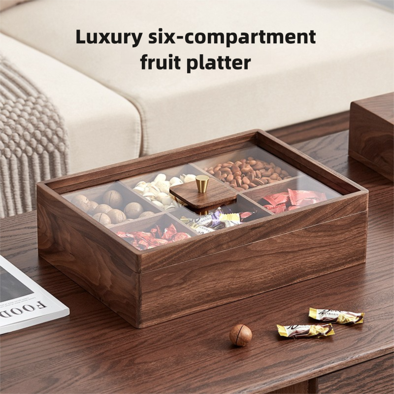 Black walnut wood six-compartment dry fruit tray, new Chinese-style candy box, light luxury high-end home living room coffee table fruit and dry fruit box-Lovesyouforever