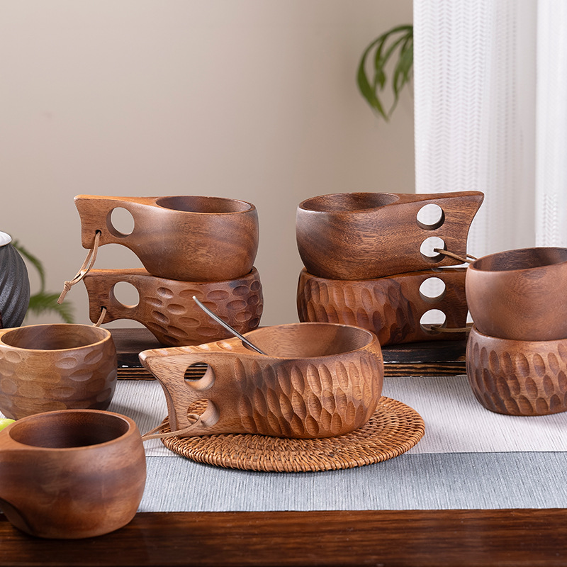 DIY walnut wood milk cup, acacia wood salad cup, solid wood creative mug with handle, coffee cup-Lovesyouforever