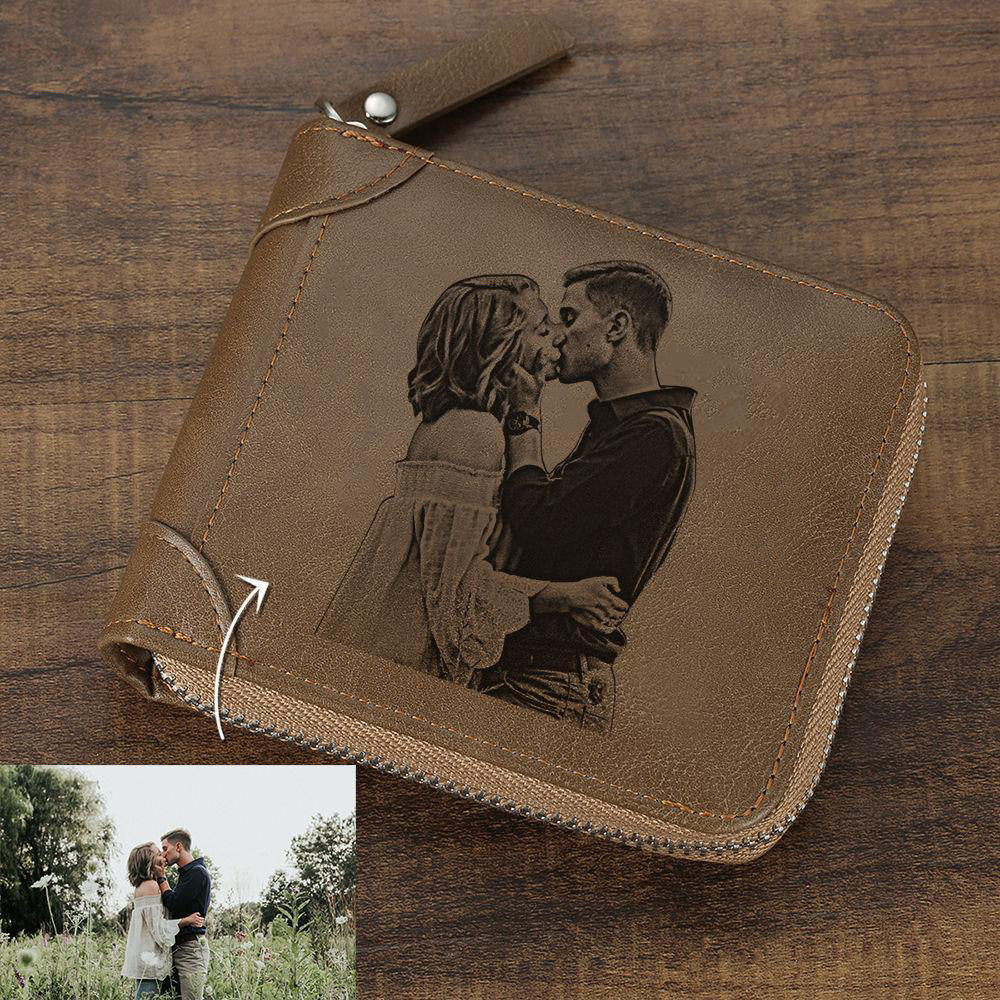 Custom Inscription Photo Engraved Wallet with Zipper, Short Style - Brown Leather-Lovesyouforever