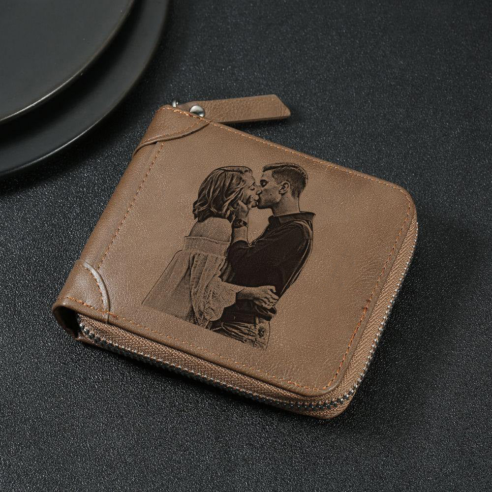 Custom Inscription Photo Engraved Wallet with Zipper, Short Style - Brown Leather-Lovesyouforever