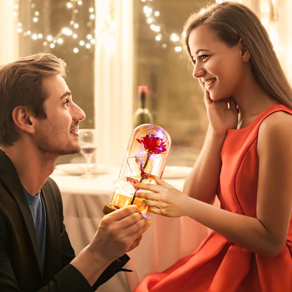 Red Rose In Glass Dome with Led Lights-Lovesyouforever