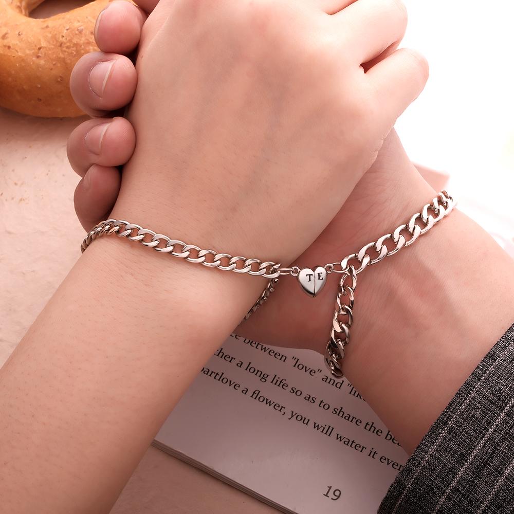 Custom Engraved Magnetic Couple Bracelet Set Heart Shaped Matching Bracelet Anniversary Gift For Couples-Lovesyouforever