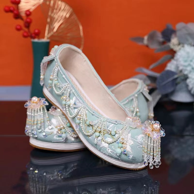 Handmade Custom  Melaleuca Bottom Heightening Embroidered and Beaded Women's Hanfu Shoes Chinese Cosplay Shoes-Lovesyouforever