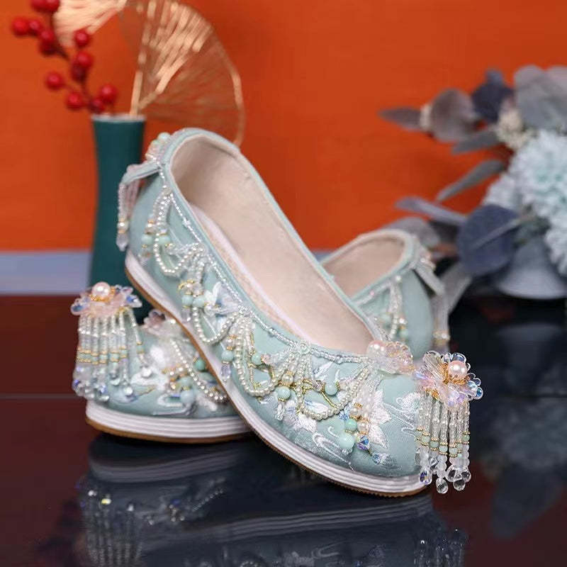 Handmade Custom  Melaleuca Bottom Heightening Embroidered and Beaded Women's Hanfu Shoes Chinese Cosplay Shoes-Lovesyouforever