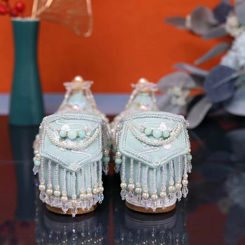 Handmade Custom  Melaleuca Bottom Heightening Embroidered and Beaded Women's Hanfu Shoes Chinese Cosplay Shoes-Lovesyouforever
