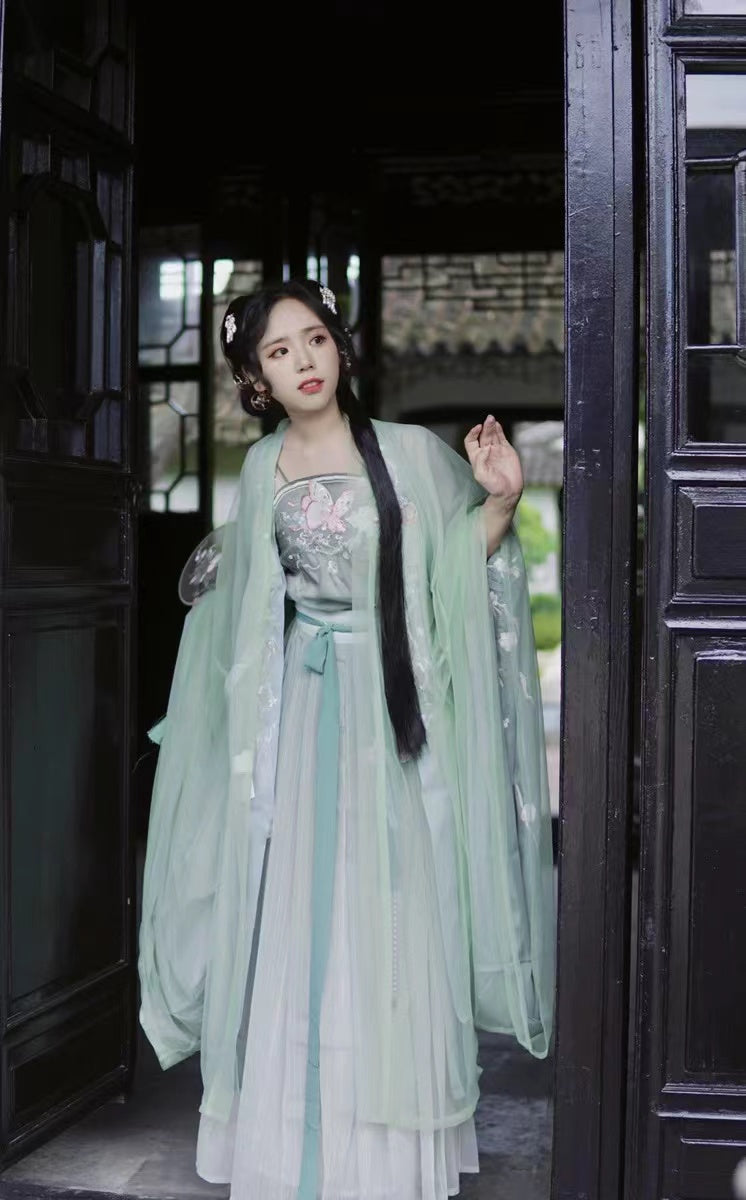 Chinese Style Vintage Flower Embroidery Sprout Green Hanfu Clothing Costume Daily Wear(4PCS)-Lovesyouforever