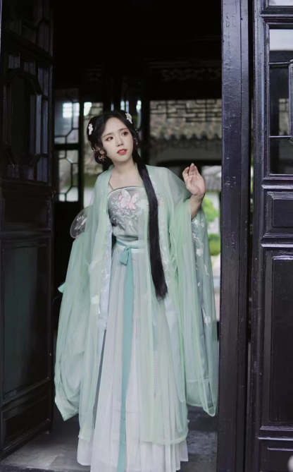 Chinese Style Vintage Flower Embroidery Sprout Green Hanfu Clothing Costume Daily Wear(4PCS)-Lovesyouforever