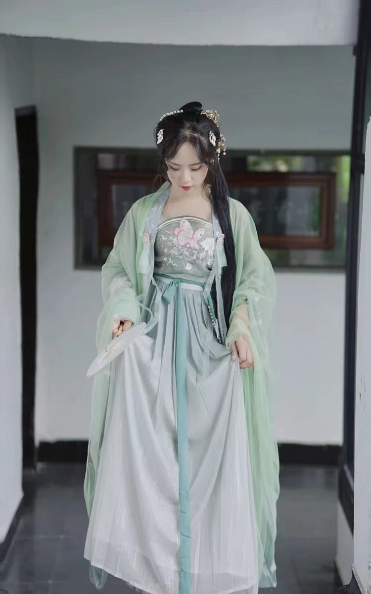 Chinese Style Vintage Flower Embroidery Sprout Green Hanfu Clothing Costume Daily Wear(4PCS)-Lovesyouforever