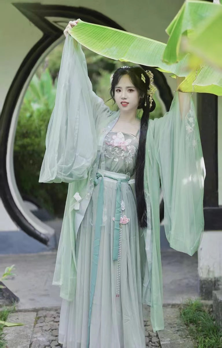 Chinese Style Vintage Flower Embroidery Sprout Green Hanfu Clothing Costume Daily Wear(4PCS)-Lovesyouforever