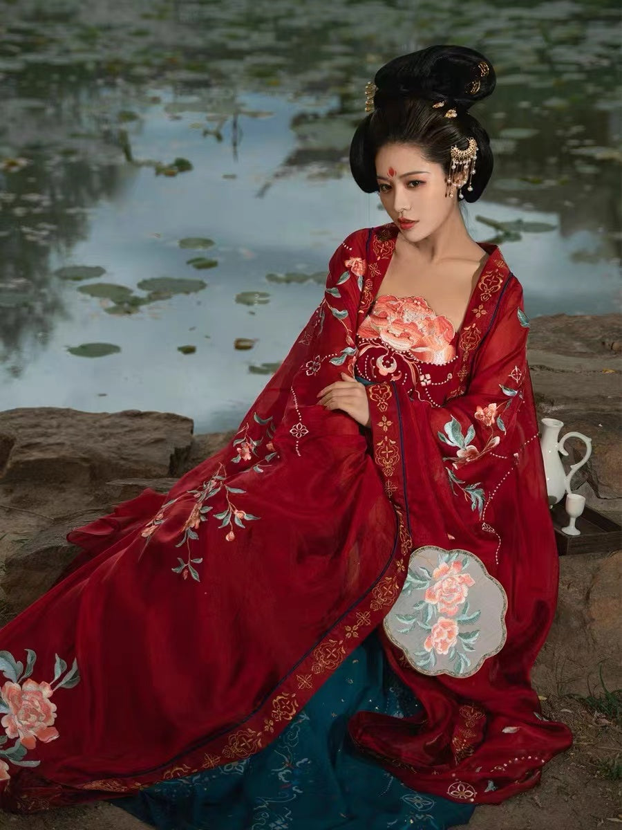 BlueDail Pure Hand Embroidery Yang Guifei「Bringing endless glory and wealth」Prosperous Peony Embroidered Tang Style Daily Wear Hanfu Clothing-Lovesyouforever