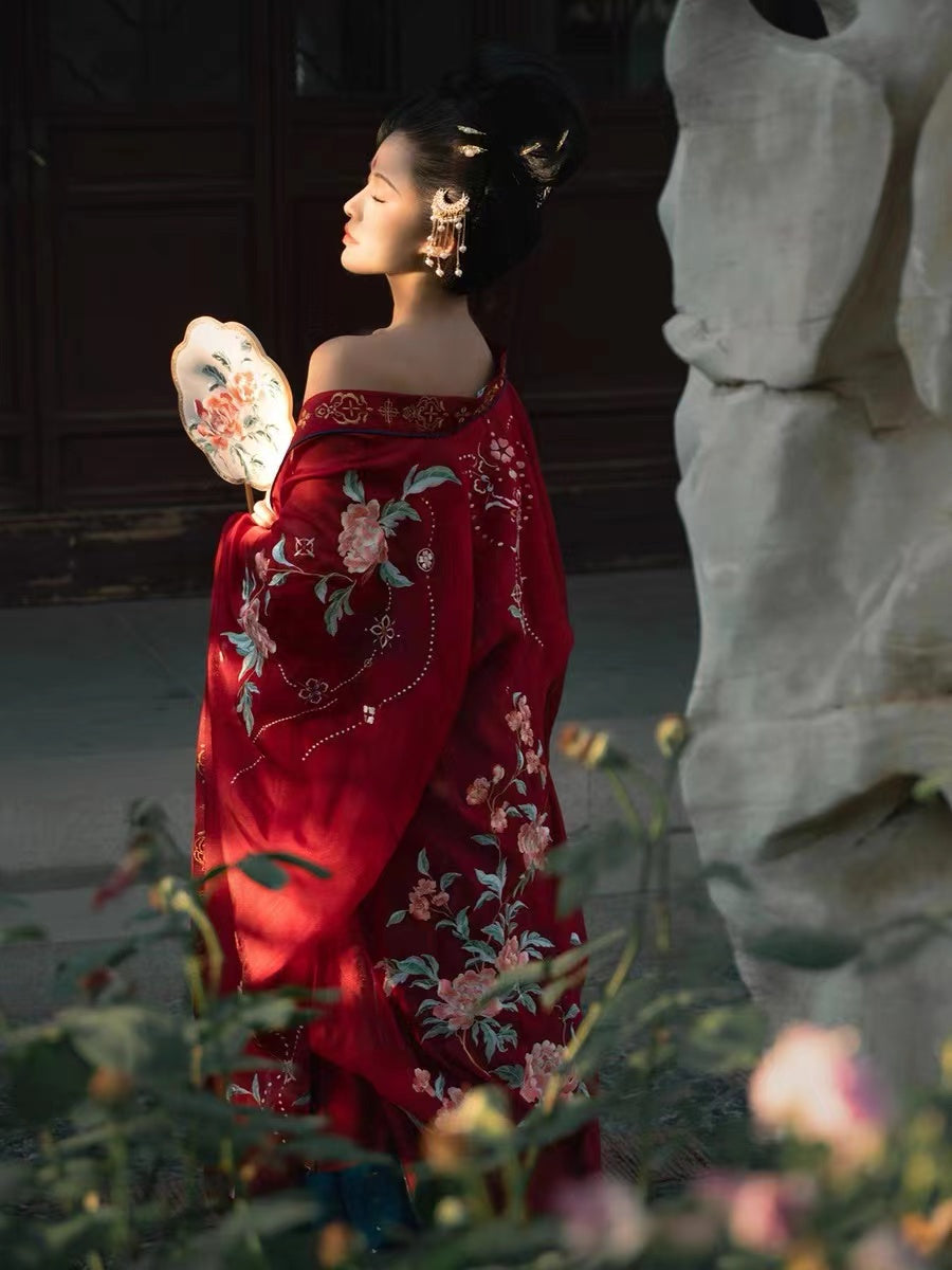 BlueDail Pure Hand Embroidery Yang Guifei「Bringing endless glory and wealth」Prosperous Peony Embroidered Tang Style Daily Wear Hanfu Clothing-Lovesyouforever