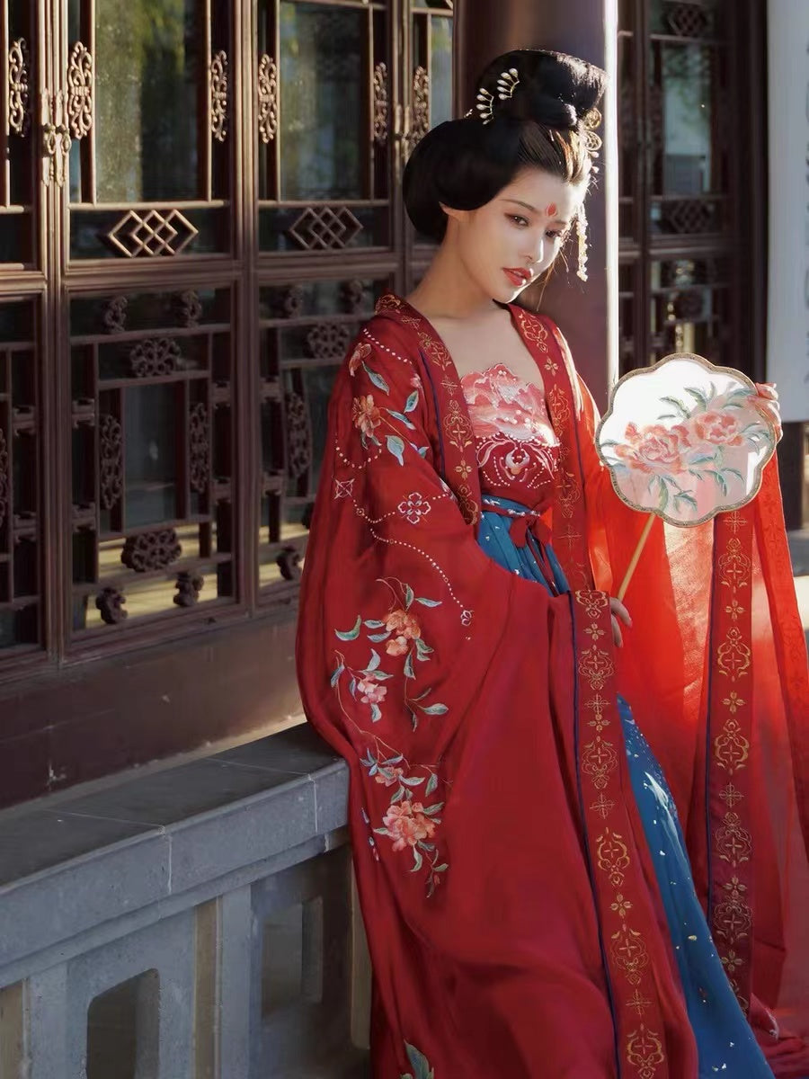 BlueDail Pure Hand Embroidery Yang Guifei「Bringing endless glory and wealth」Prosperous Peony Embroidered Tang Style Daily Wear Hanfu Clothing-Lovesyouforever