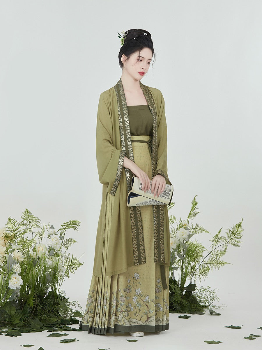 Olive Chinese Style Vintage Floral Embroidery Morden Hanfu Skirt Set-Lovesyouforever