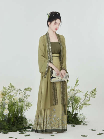 Olive Chinese Style Vintage Floral Embroidery Morden Hanfu Skirt Set-Lovesyouforever