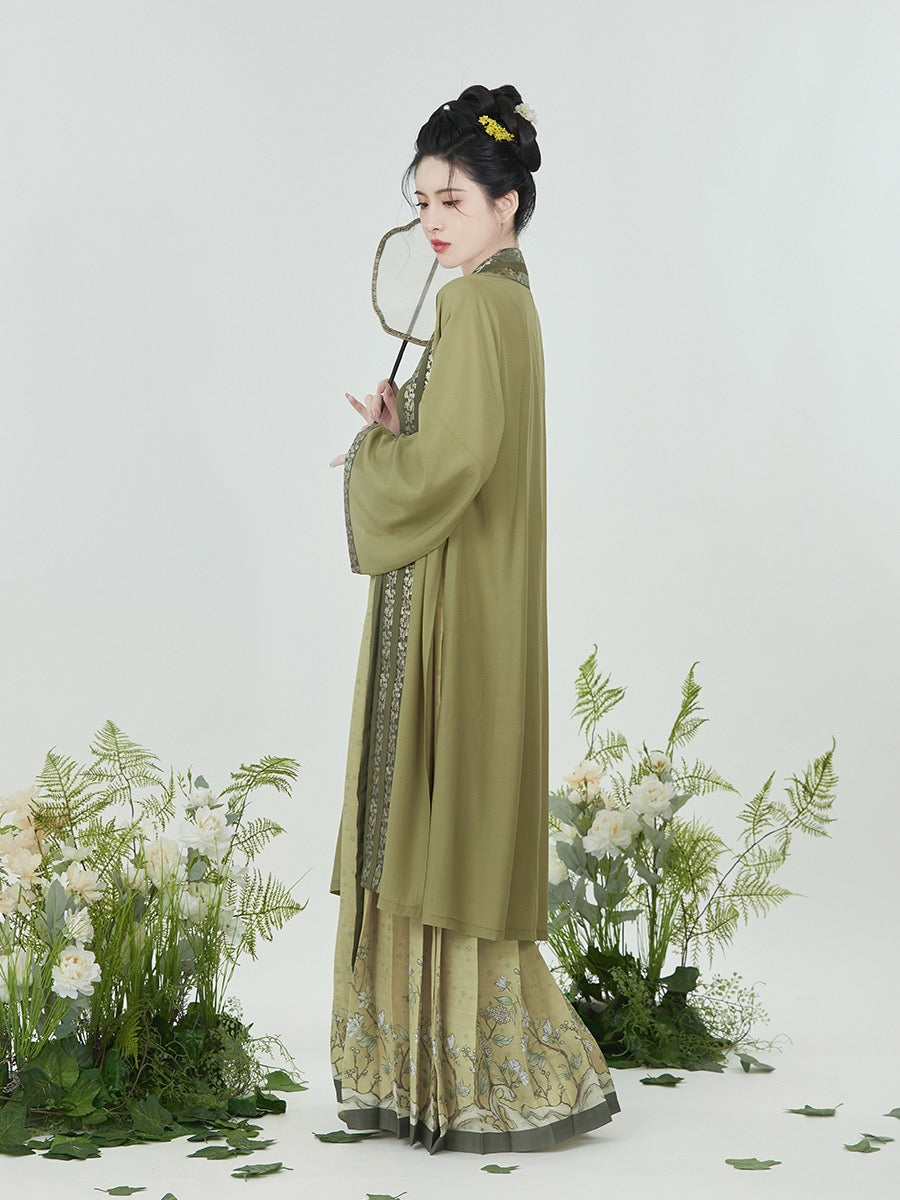Olive Chinese Style Vintage Floral Embroidery Morden Hanfu Skirt Set-Lovesyouforever