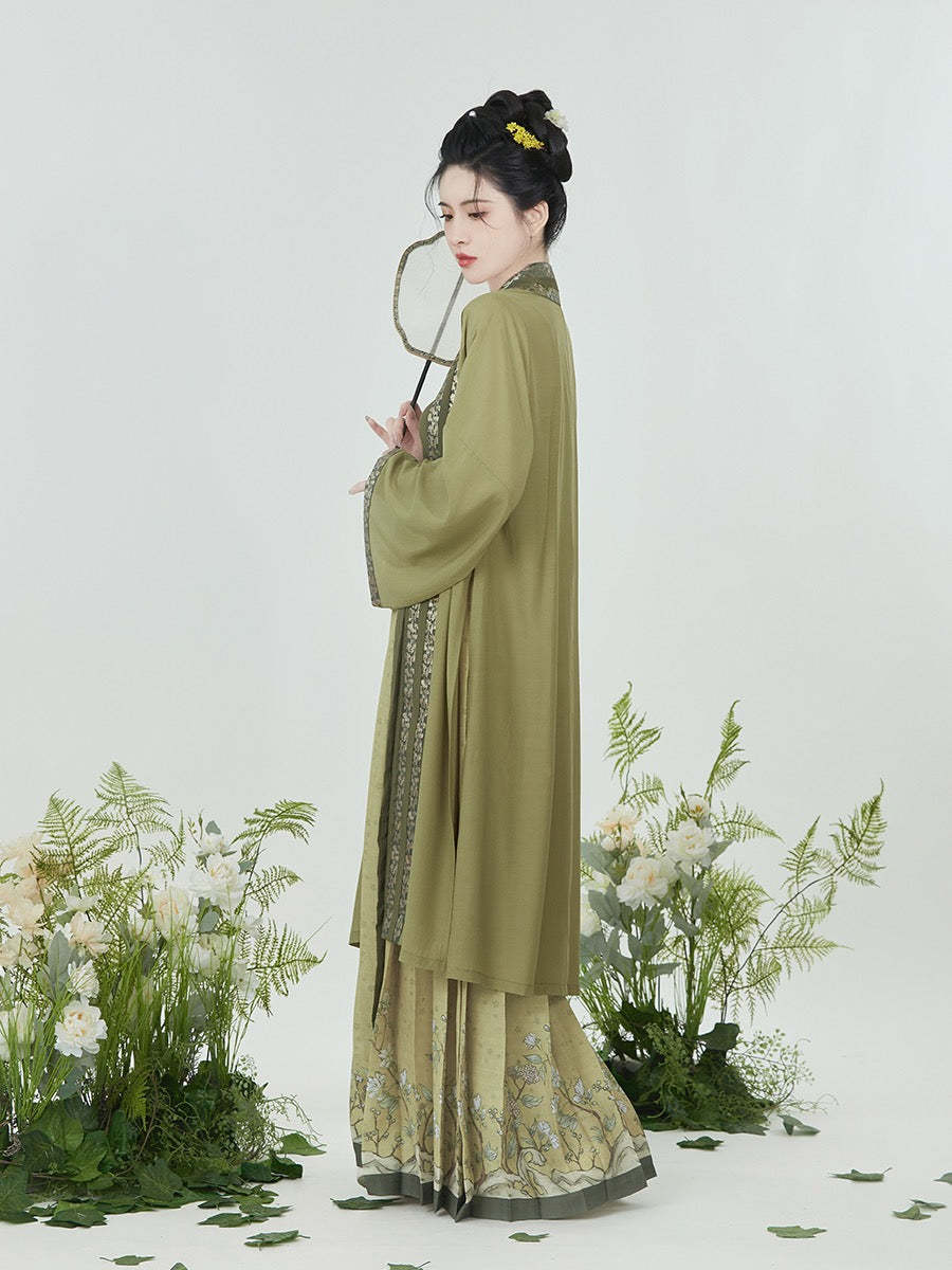 Olive Chinese Style Vintage Floral Embroidery Morden Hanfu Skirt Set-Lovesyouforever