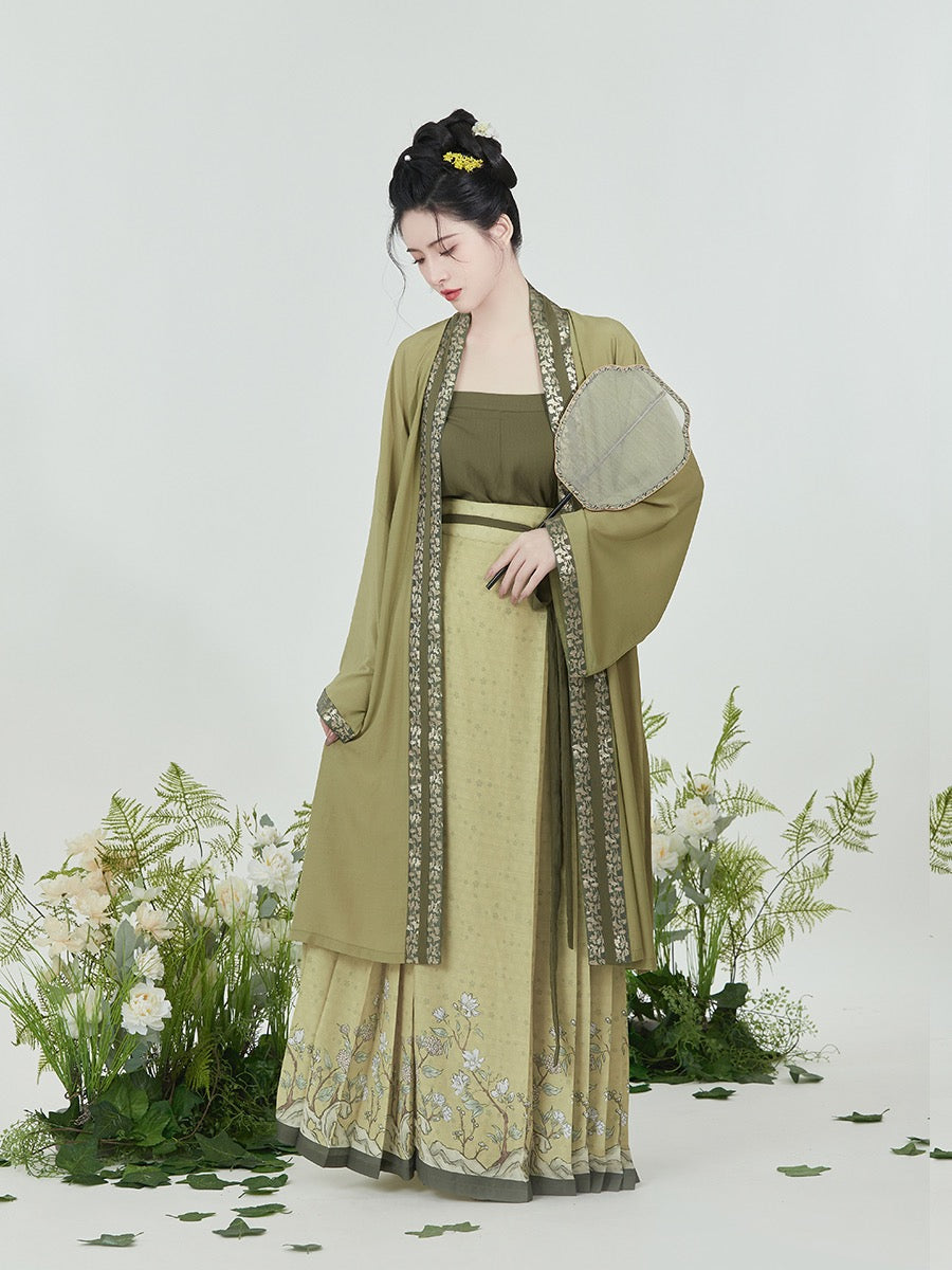 Olive Chinese Style Vintage Floral Embroidery Morden Hanfu Skirt Set-Lovesyouforever