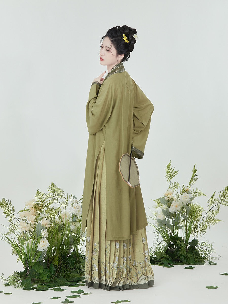 Olive Chinese Style Vintage Floral Embroidery Morden Hanfu Skirt Set-Lovesyouforever
