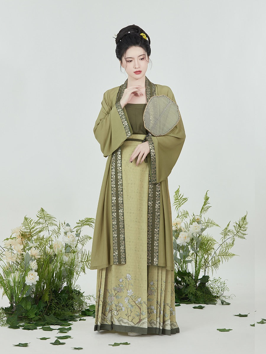 Olive Chinese Style Vintage Floral Embroidery Morden Hanfu Skirt Set-Lovesyouforever