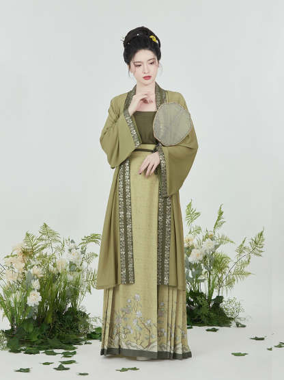Olive Chinese Style Vintage Floral Embroidery Morden Hanfu Skirt Set-Lovesyouforever