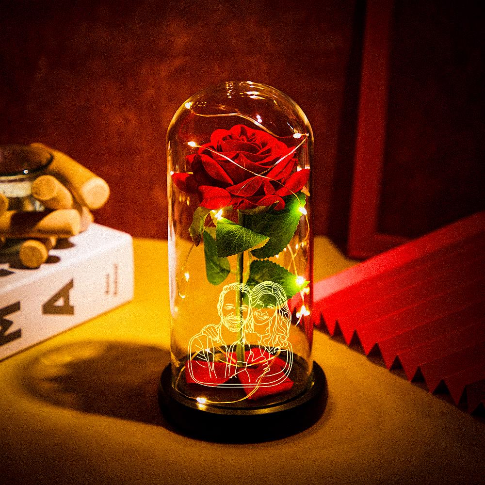 Custom Photo Line Drawing Eternal Rose Flower LED Night Light Romantic Simulation Eternal Rose Flower Glass Cover for Anniversary Valentine's Day Gift-Lovesyouforever