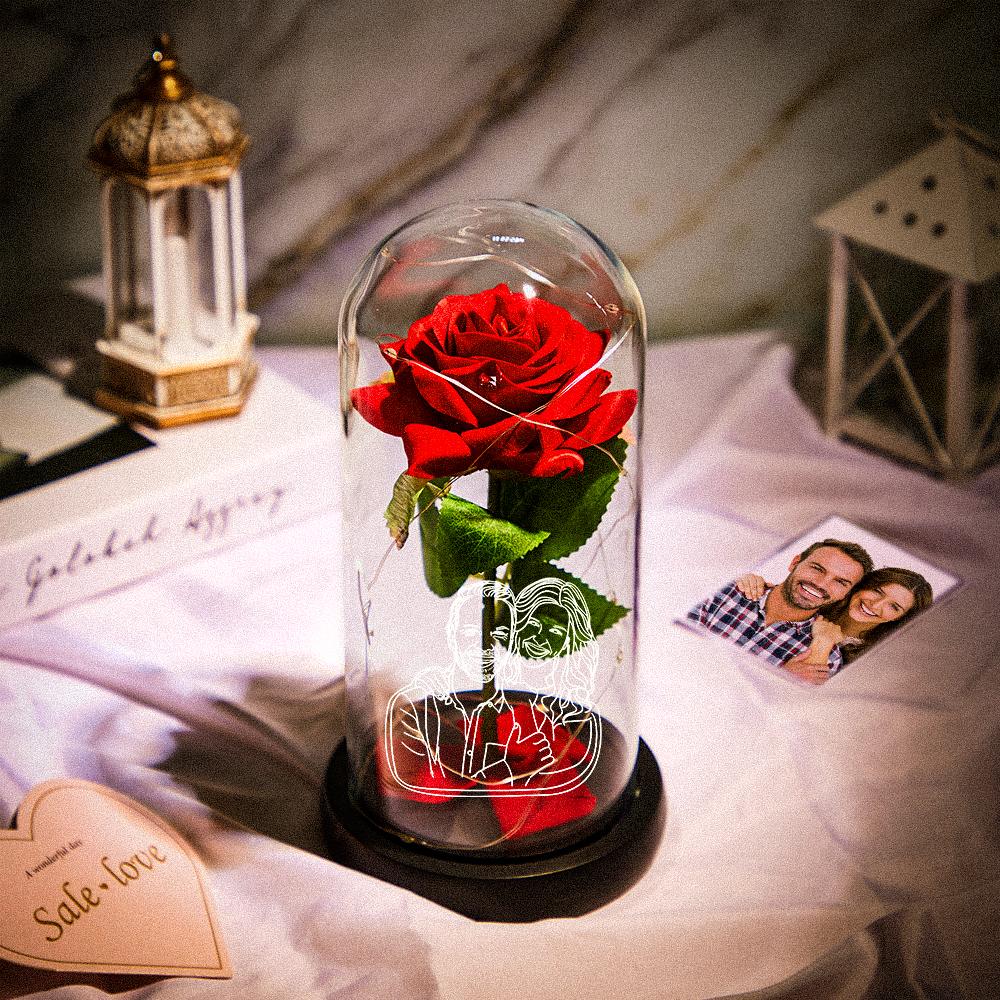 Custom Photo Line Drawing Eternal Rose Flower LED Night Light Romantic Simulation Eternal Rose Flower Glass Cover for Anniversary Valentine's Day Gift-Lovesyouforever