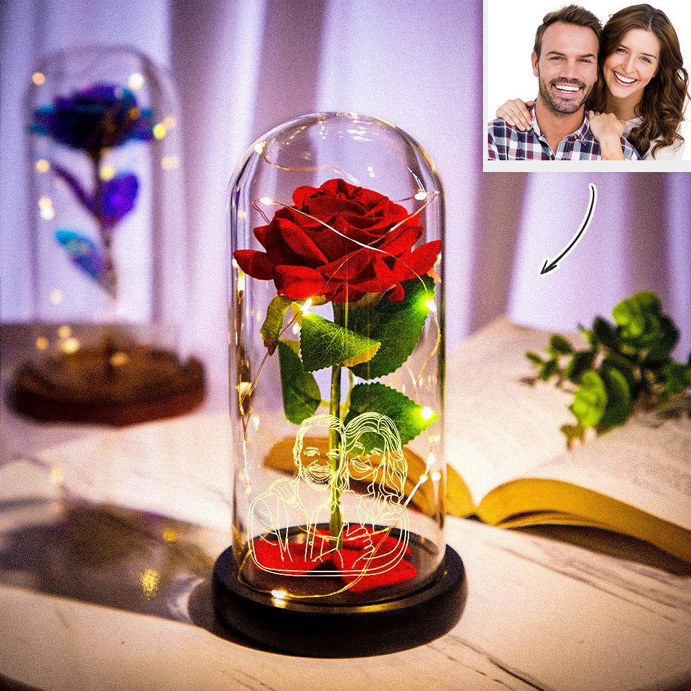 Custom Photo Line Drawing Eternal Rose Flower LED Night Light Romantic Simulation Eternal Rose Flower Glass Cover for Anniversary Valentine's Day Gift-Lovesyouforever