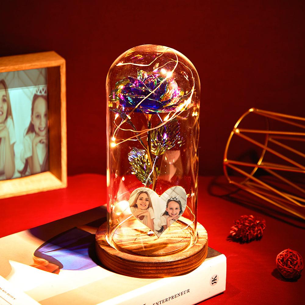 Custom Heart-shaped Photo Eternal Colorful Rose Flower LED Night Light Romantic Simulation Eternal Rose Flower Glass Cover for Anniversary and Mother's Day-Lovesyouforever