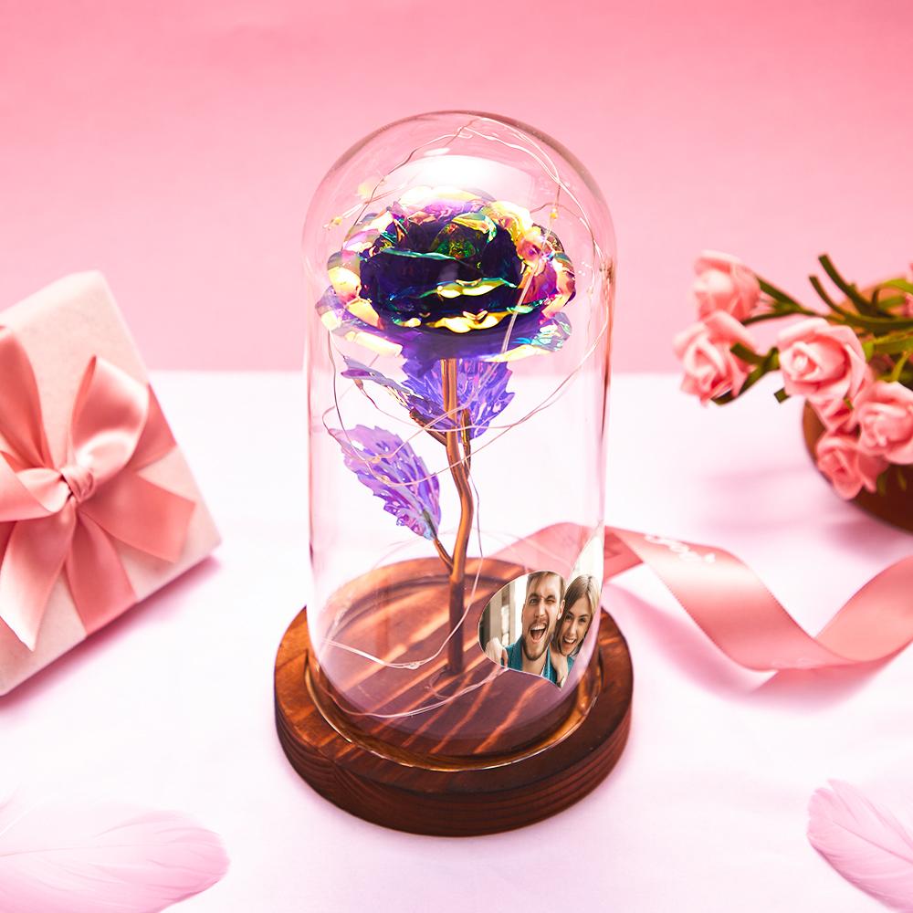 Custom Heart-shaped Photo Eternal Colorful Rose Flower LED Night Light Romantic Simulation Eternal Rose Flower Glass Cover for Anniversary Couple Gift-Lovesyouforever