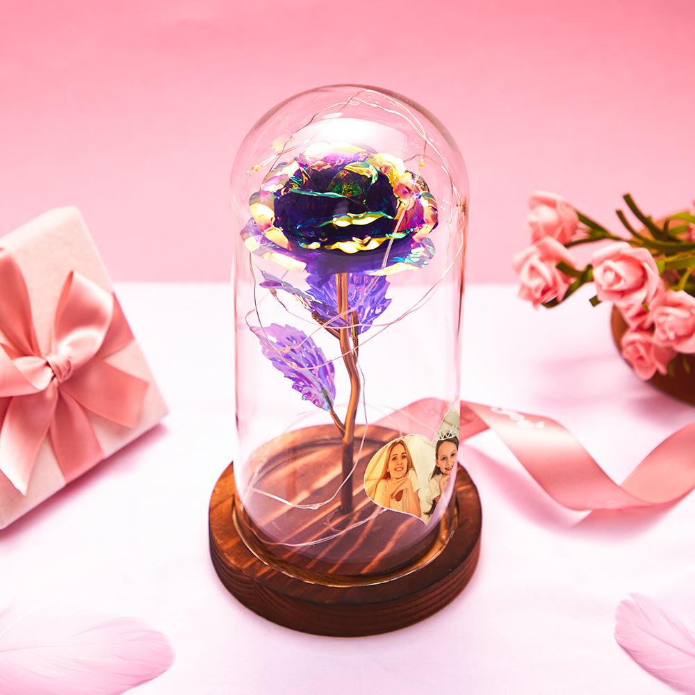 Custom Heart-shaped Photo Eternal Colorful Rose Flower LED Night Light Romantic Simulation Eternal Rose Flower Glass Cover for Anniversary and Mother's Day-Lovesyouforever