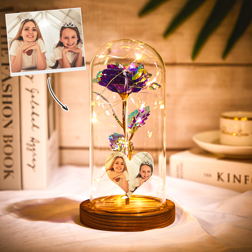 Custom Heart-shaped Photo Eternal Colorful Rose Flower LED Night Light Romantic Simulation Eternal Rose Flower Glass Cover for Anniversary and Mother's Day-Lovesyouforever
