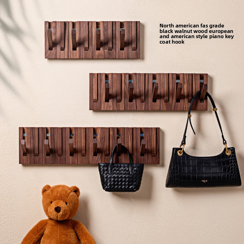 North American black walnut wood coat rack with piano key-style hooks for entryway, bedroom, wall-mounted, no-drill required coat and hat hook-Lovesyouforever