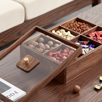 Black walnut wood six-compartment dry fruit tray, new Chinese-style candy box, light luxury high-end home living room coffee table fruit and dry fruit box-Lovesyouforever