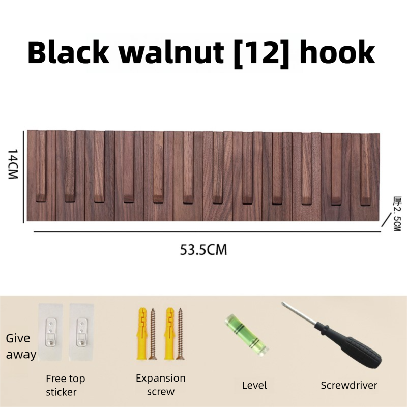 Piano key-style coat rack, key-shaped wall hook for entryway and bedroom, no-drill wall-mounted coat and hat hook, walnut and beech wood-Lovesyouforever