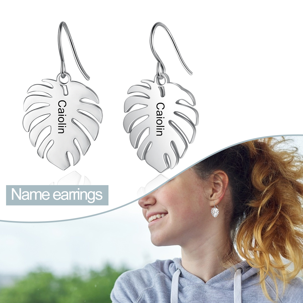 Leaf Earrings 2 Personalized First Names for Women-Lovesyouforever