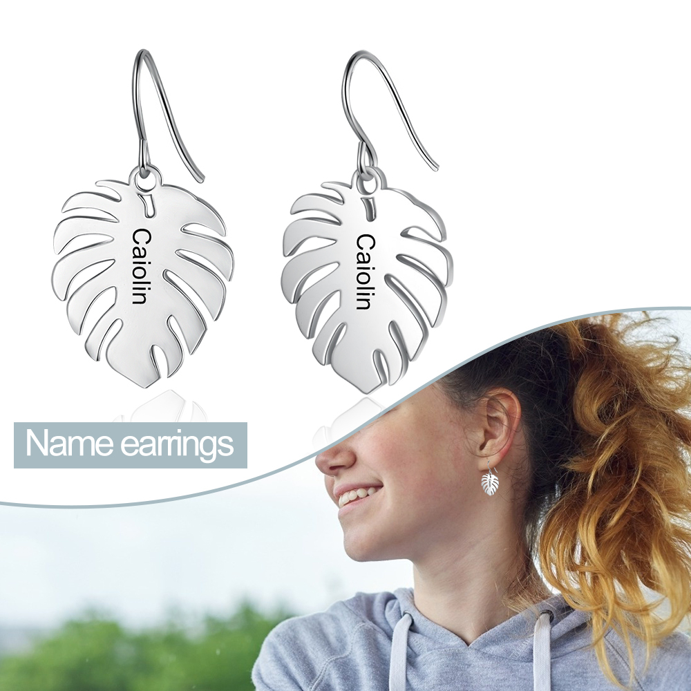 Leaf Earrings 2 Personalized First Names for Women-Lovesyouforever