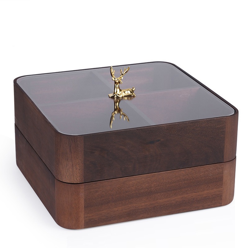 Walnut wood "Yilu" (with you) stackable snack, seed, fruit tray with lid, living room tea set storage box, dry fruit box-Lovesyouforever