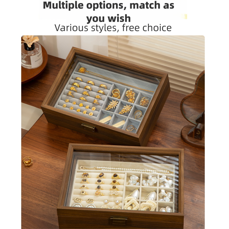 New walnut wood gold jewelry storage box, exquisite counter display prop for rings and necklaces-Lovesyouforever