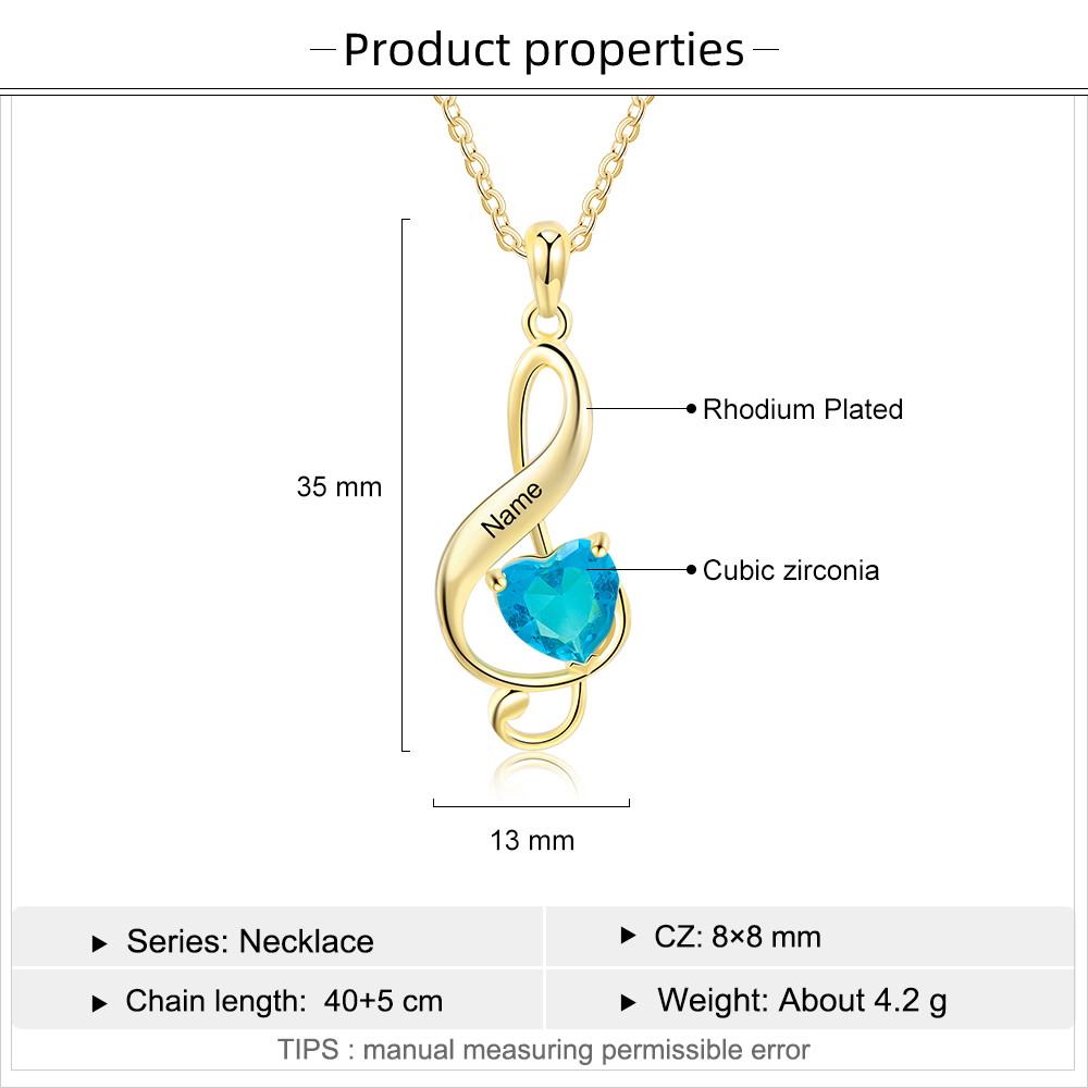 Musical Notes Pendant Necklace 1 Personalized First Name with Birthstone-Lovesyouforever